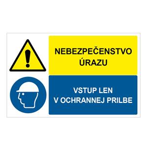 Nebezpečenstvo úrazu-Vstup len v ochrannej prilbe, kombinácia,plast 1mm,95x60mm