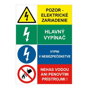 Pozor el.-Hlavný vypínač-Vypni v nebezpečenstve-Nehas vodou, kombinácia,plast 1mm,148x210mm