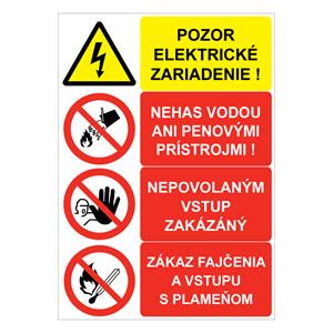 Pozor el. zariadenie-Nehas vodou...-Nepovolaným vstup zakázaný-Zákaz fajčenia, kombinácia, samolepka 210x297mm