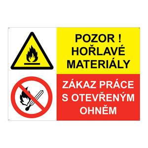 POZOR NA HOŘLAVÉ MATERIÁLY - ZÁKAZ PRÁCE S OTEVŘENÝM OHNĚM, KOMBINACE, plast 2 mm s dírkami A5