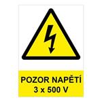 POZOR - napětí 3 x 500 V ! - bezpečnostní tabulka, plast 2 mm, A4