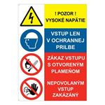 Pozor vysoké napätie-Zákaz vstupu-Nepovolaným vstup zakázaný, kombinácia, plast 2mm s dierkami-210x297mm