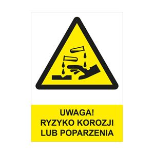 UWAGA! RYZYKO KOROZJI LUB POPARZENIA - znak BHP, płyta PVC A4, 2 mm