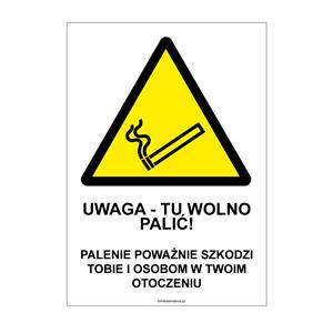 UWAGA - TU WOLNO PALIĆ, naklejka 210x297 mm