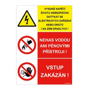 VYSOKÉ NAPĚTÍ (DRÁTY)- NEHAS VODOU - VSTUP ZAKÁZÁN, plast 2 mm, A5