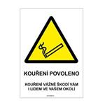 VÝSTRAHA - KOUŘENÍ POVOLENO, plast 1 mm, A4